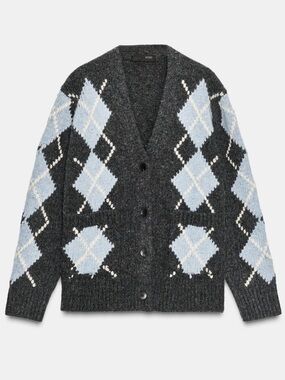 Zara Wool Charcoal Argyle V-Neck Cardigan Sweater - S